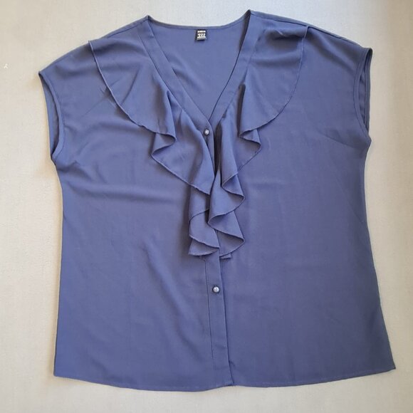 Shein Womens Navy Blue Ruffle Trim Sleeveless V-Neck Top Shirt Blouse Size XL - Picture 5 of 8